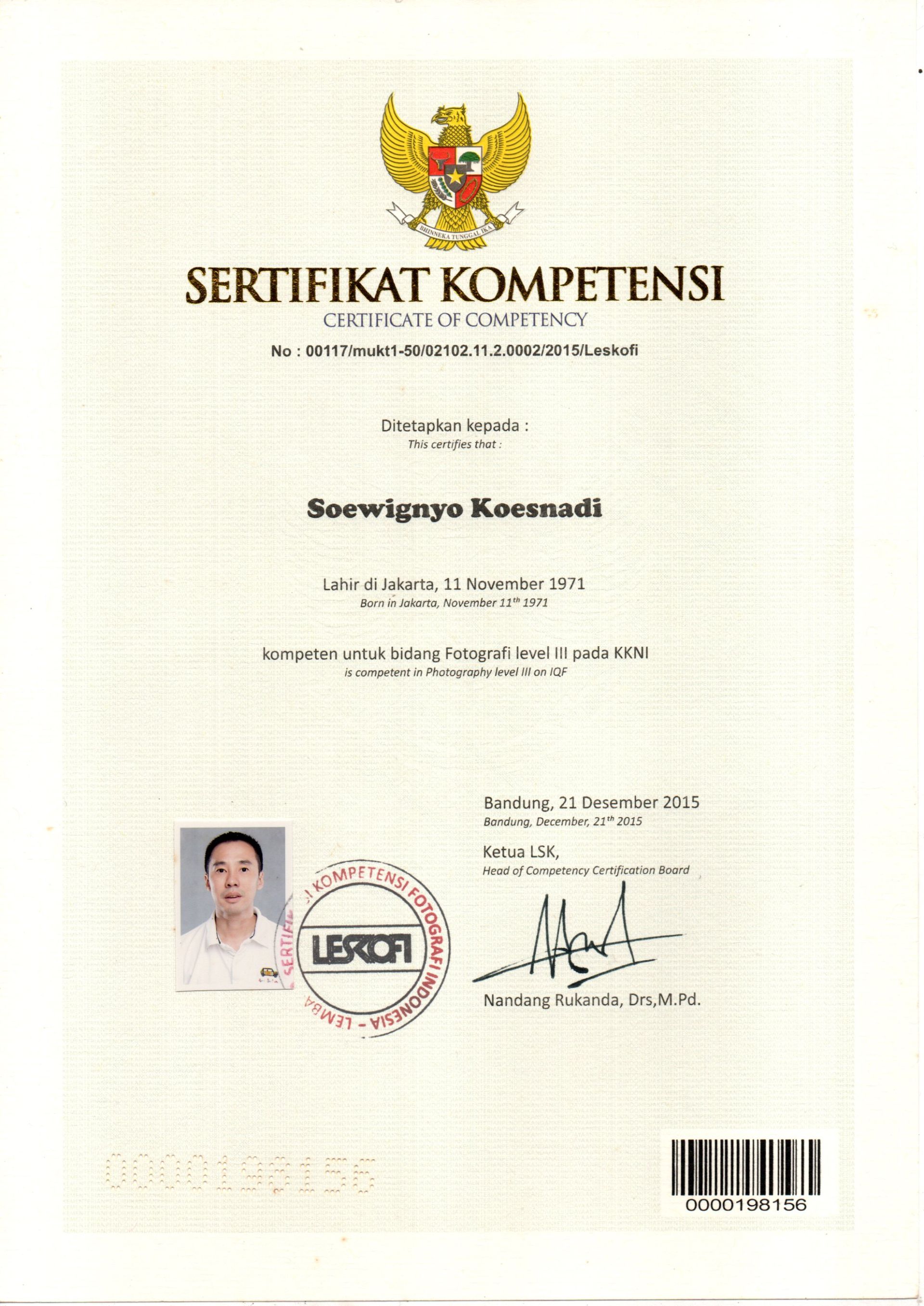 Sertifikat kompetensi bidang fotografi level 3